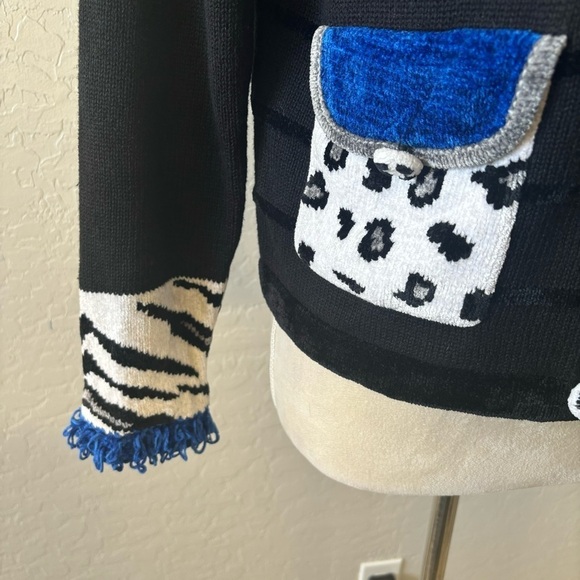 Vintage Jack B Quick Black Blue Animal Print Cardigan Pocket Sweater Size Small - Picture 5 of 8
